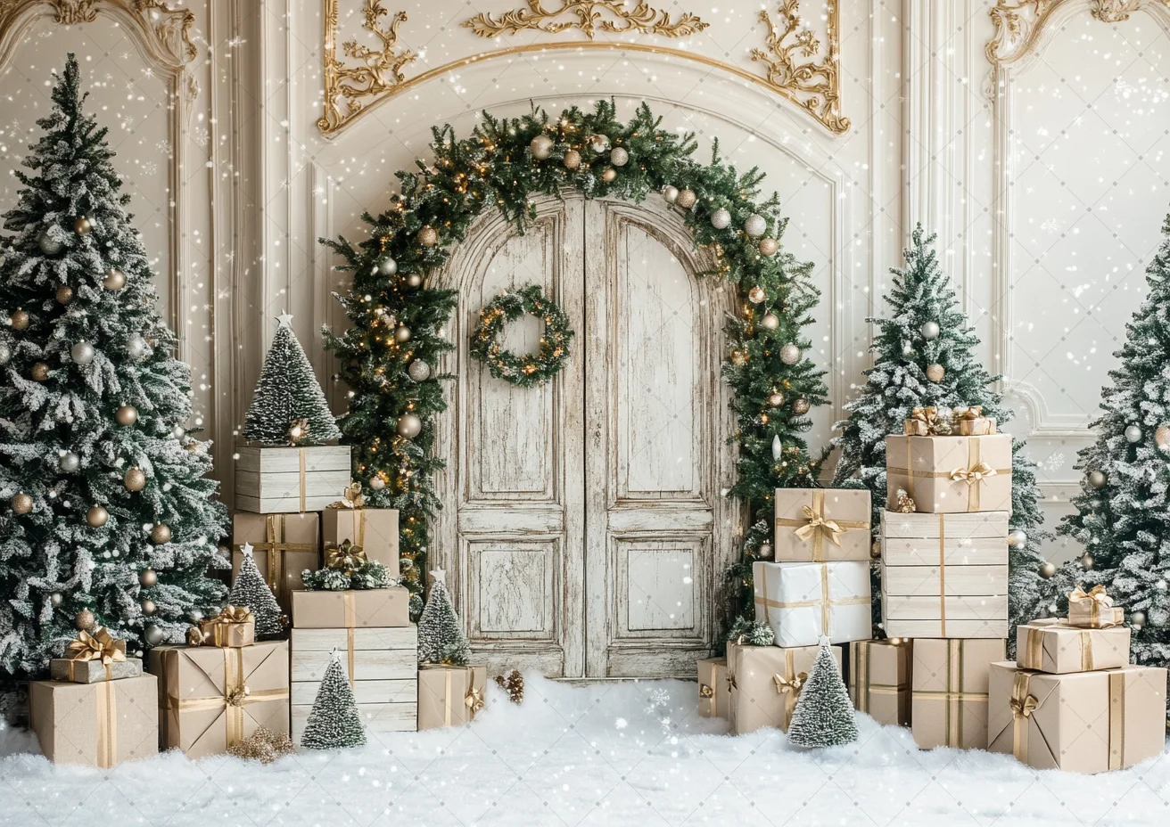 White Gold Christmas Backgrounds for Photographs Wood Door Wreath Arch Gift Xmas Tree Kids Family Portrait Photography Backdrop