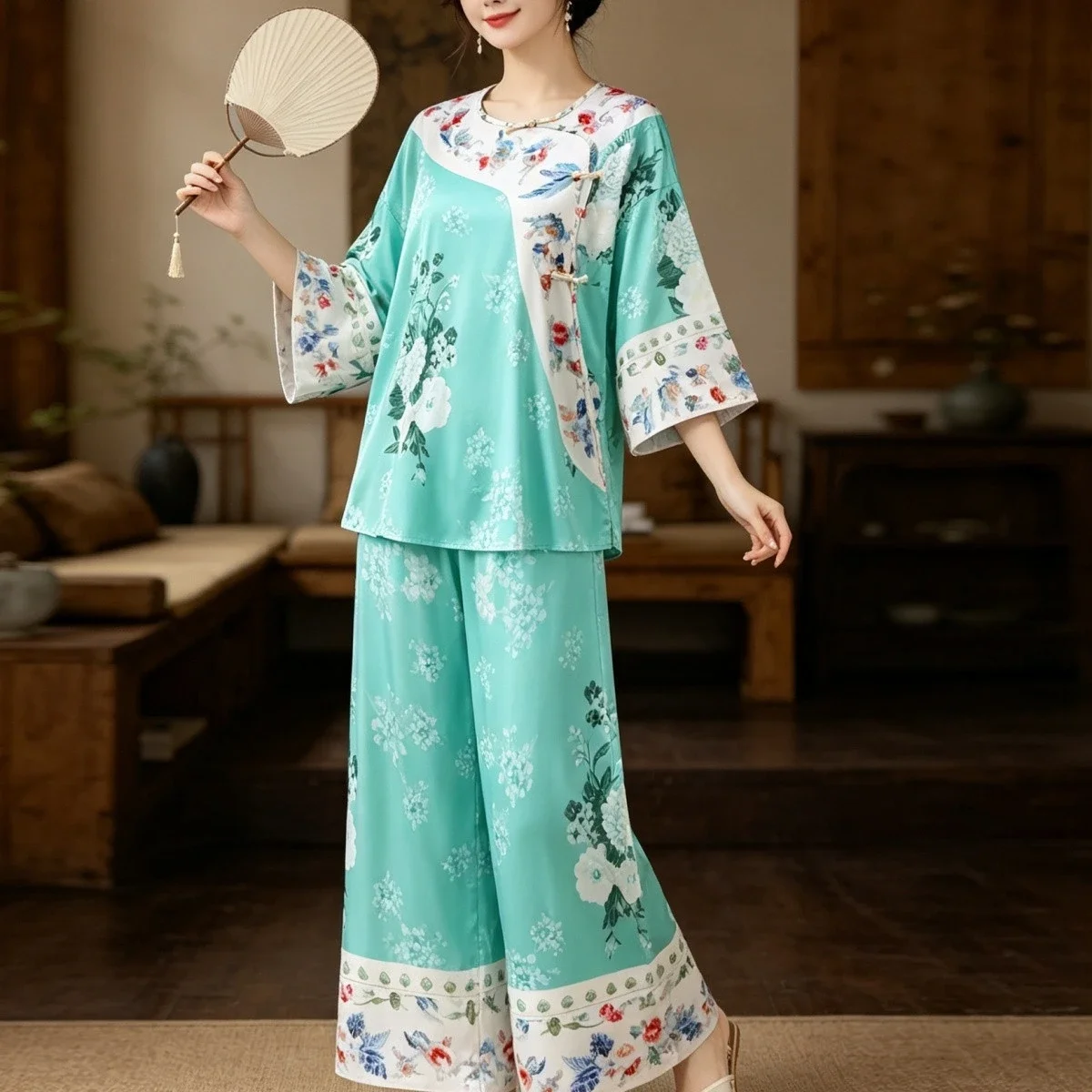 2026 New Female Chinese Pajamas Women's Spring/summer Ethnic Style Buckle Top Pants 2-piece Female Breathable Printed Sleepwear