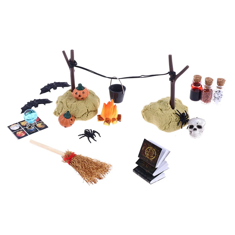 1Set 1/12 Dollhouse Miniature Halloween Horror Decor Pumpkin Bat Skull Head Broom Spider Head Magic Book Ornament DIY Doll House