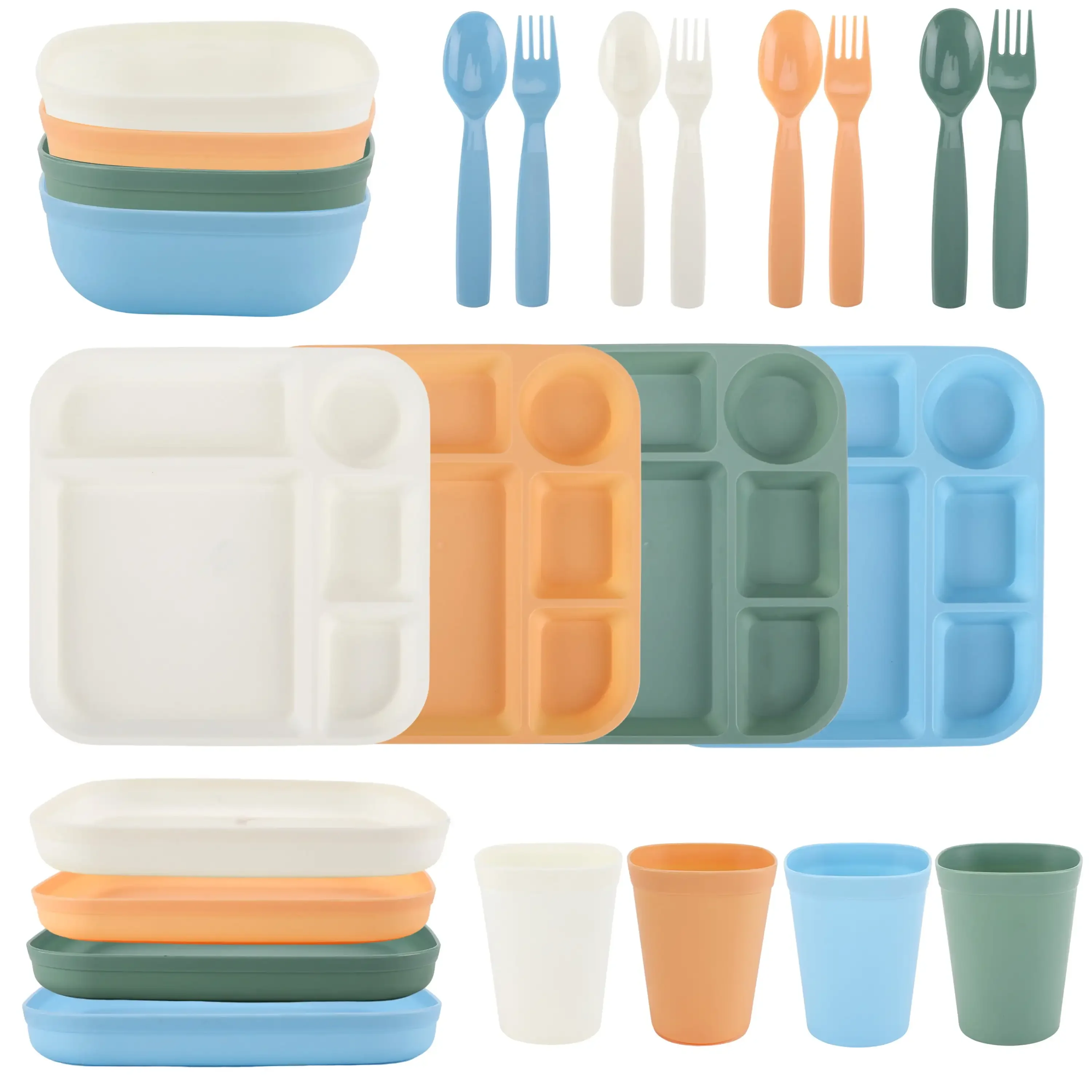 

Hot Sale.24-Piece Plastic Square Dinnerware Set for Kids with 4 Trays, Bowls, Plates, Cups, Forks, Spoons in Cream, Orange, Gree
