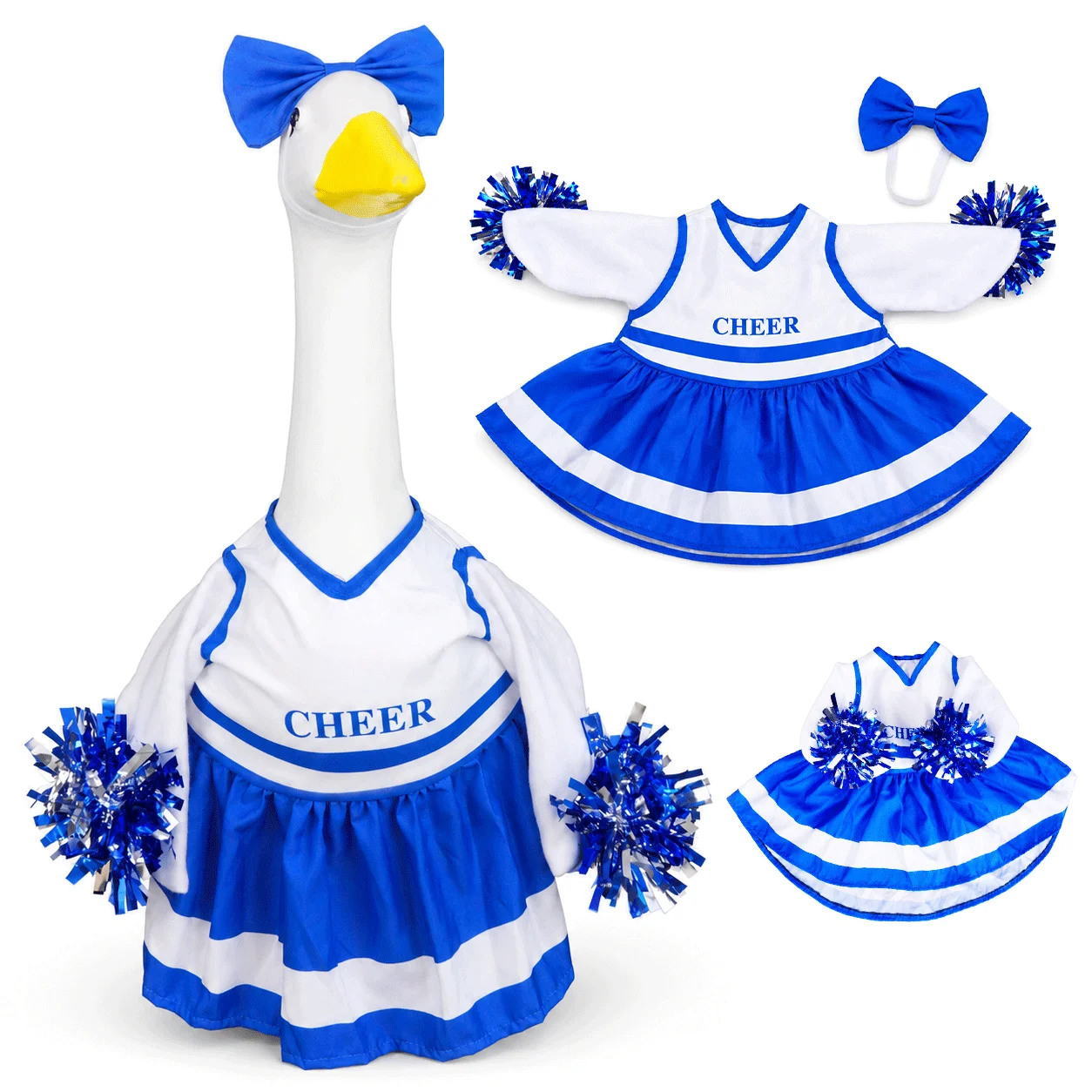 Blue Cheerleader Porch Goose Costume with Bow & Pom Poms, Fits 23-Inch Garden Goose Statue, Yard Decor, Goose Not Included