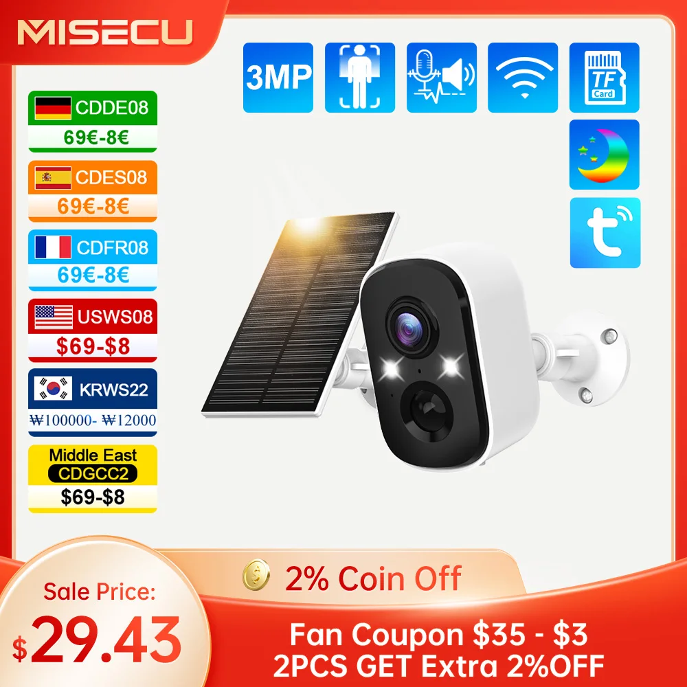 MISECU Tuya 3MP WIFI Security Battery Camera with Solar Panel Wireless Outdoor Human Detect Surveillance IP Camera Color Night