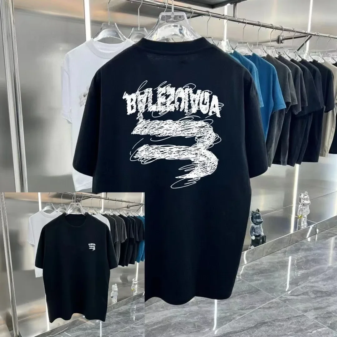 Summer New Hand-painted Letter Printing Short-sleeved Men's Fashion Brand Half-sleeved Men's and Women's Loose Casual T-shirt
