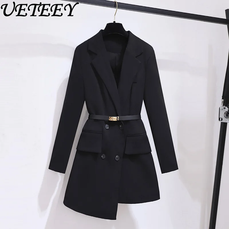 Commuter Black Suit Coat Dress Women's 2024 Autumn and Winter New Temperament High Sense Street Slim Fit Mid-length Blazer Suit