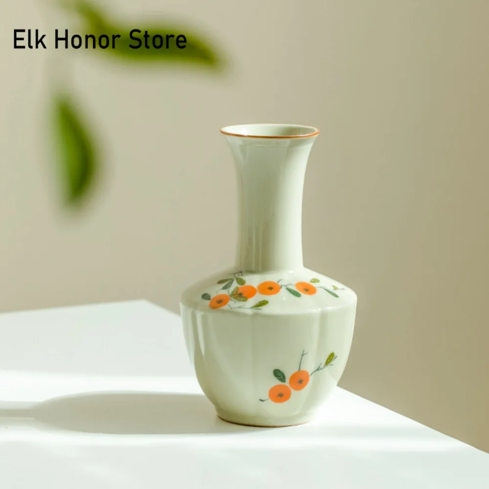 Pure Hand-painted Persimmon Small Vase Retro Grass Wood Ash Hydroponic Flower Arrangement Dry Flower Basket Desktop Ornament