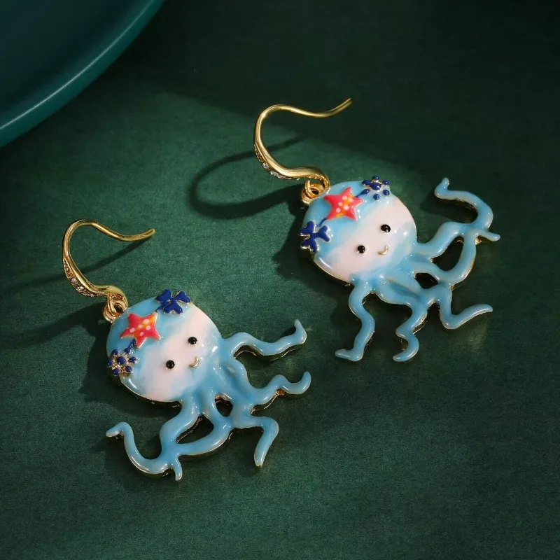

Cute Hand-painted Little Blue Octopus Dangle Earrings Exquisite Fashionable Enamel Glaze Star Flowers Love Octopus Ear Hanging
