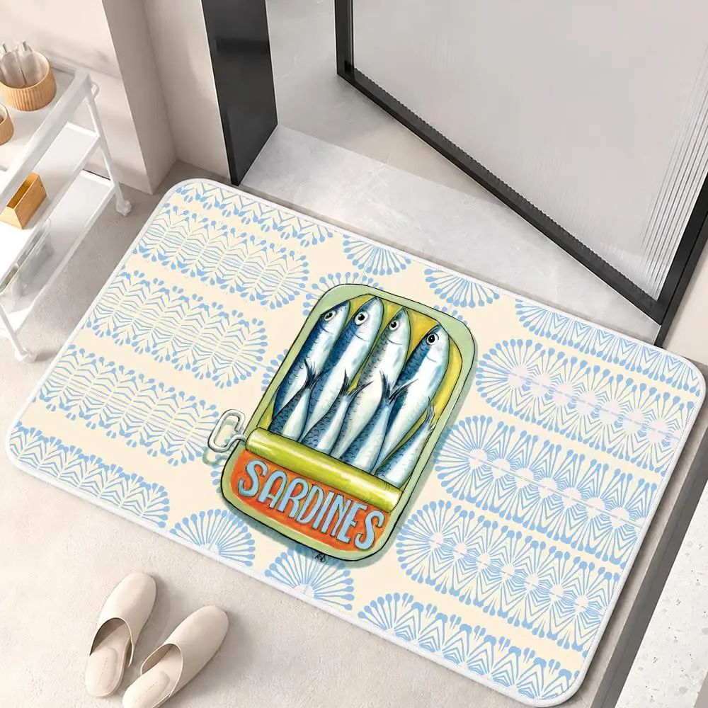 Bright Sardine Can On Pink Stripes Floor Mat Flannel Rug Soft Non Slip Washable Door Mat for Bathroom Bedroom Kitchen Home Decor