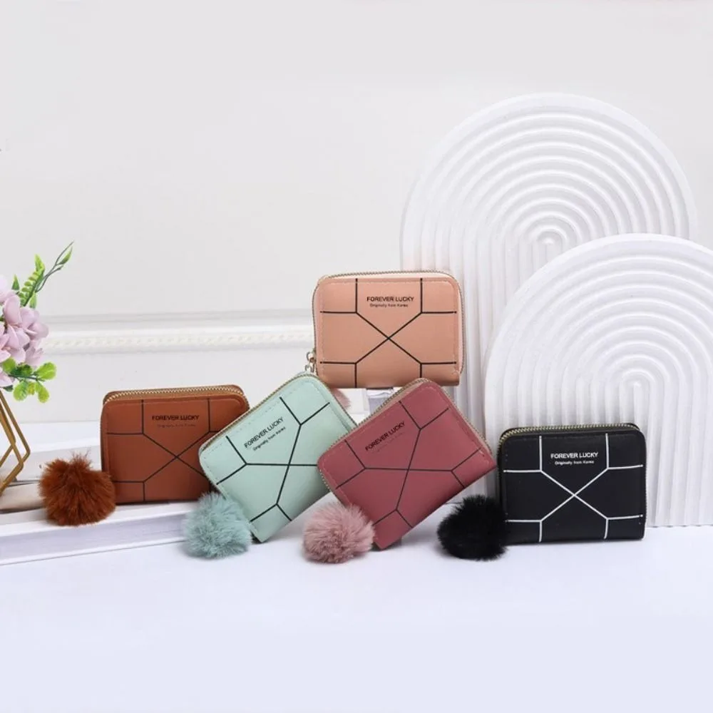 Fashion Zipper Card Holder PU Leather With Pom Pendant Short Wallet Printed Female Bag Women Girls Female Bag