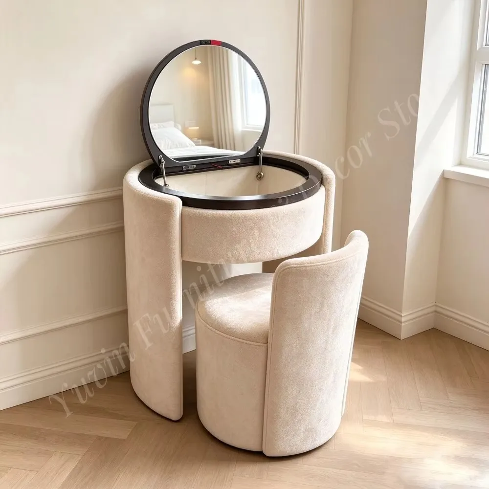Modern MDF Panel Vanity Sets Built-in Storage with Flip-Top Mirror Small-Space Vanity Chair Set for Bathroom