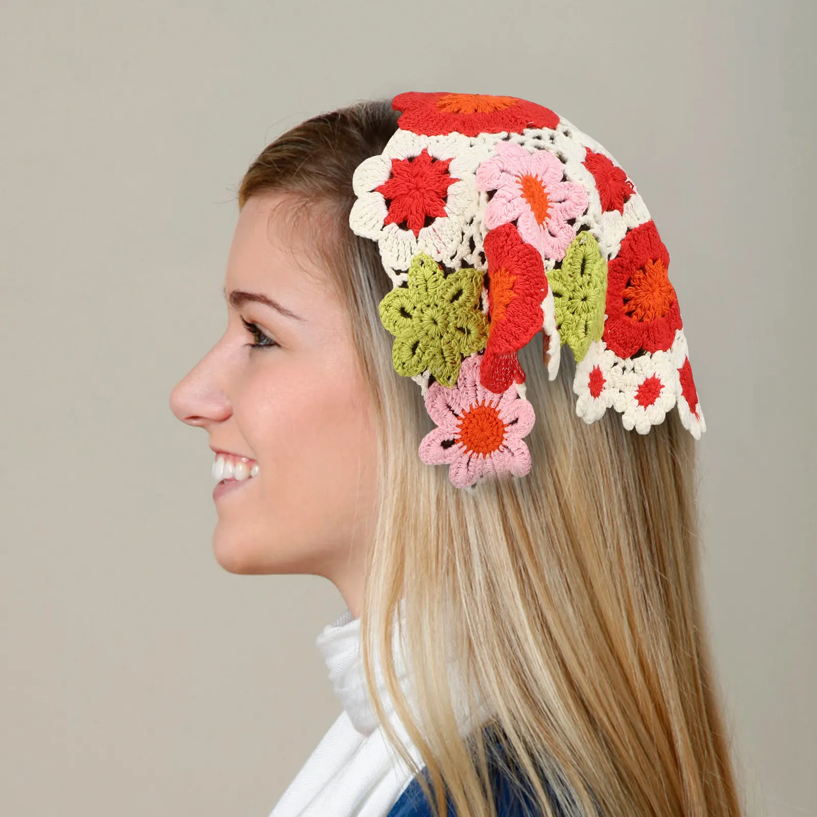 

3Pcs Flower Head Kerchief Bohemian Crochet Hair Scarves Elastic Knitted Hair Bandanas Soft Head Wraps for Women Girls Daily