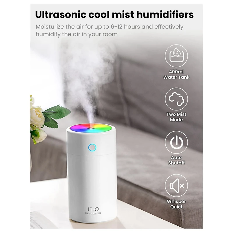 AD-Humidifier Mini USB Air Humidifier 400Ml With Colorful Night Light Auto Power Off For Home Car Bedroom Office