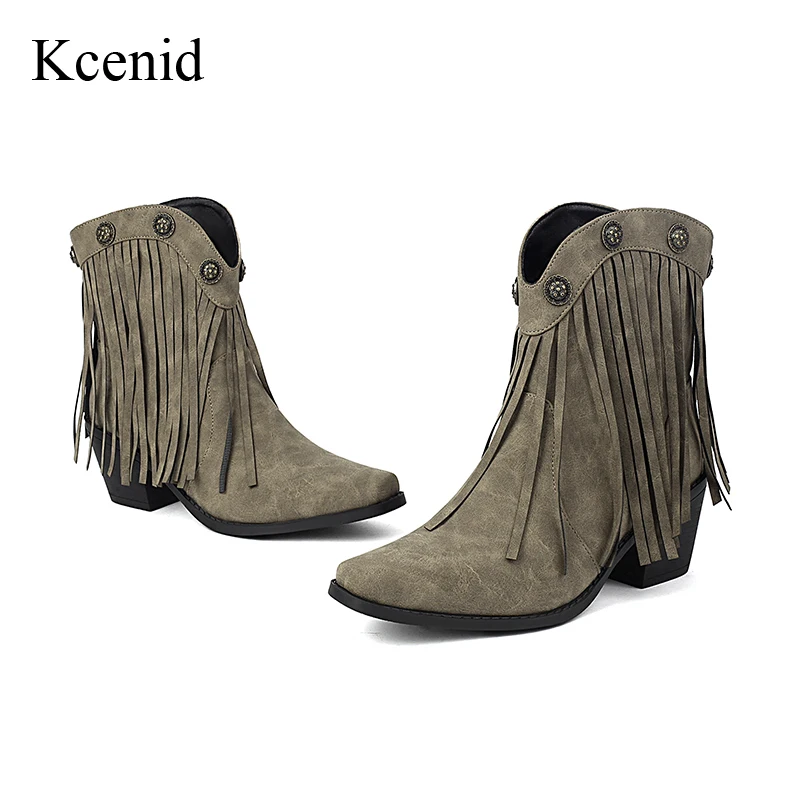 

Kcenid Fashion Fringe Motorcycle Boots For Women Slip On High Heels Short Western Boots Pointed Toe Party Shoes Botas De Mujer