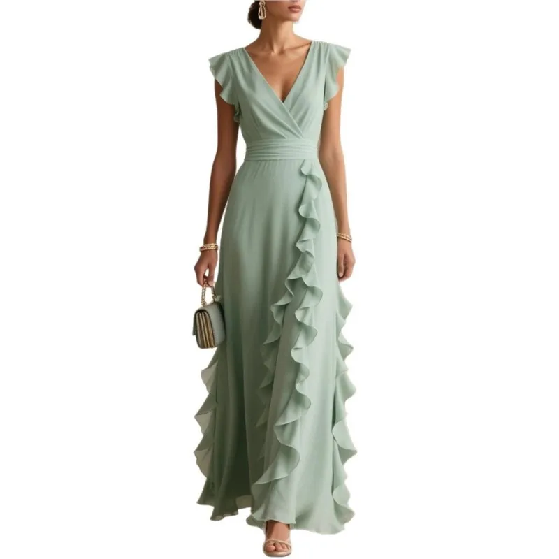 Women's Elegant Solid Color Ruffle Sleeveless Sexy V-Neck Long Dress Fashionable Bohemian Women's Party Evening Maxi Dresses
