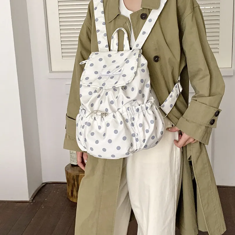 Autumn and winter leopard print backpack, Korean-style polka dot design, unique canvas school bag, drawstring casual outdoor hik