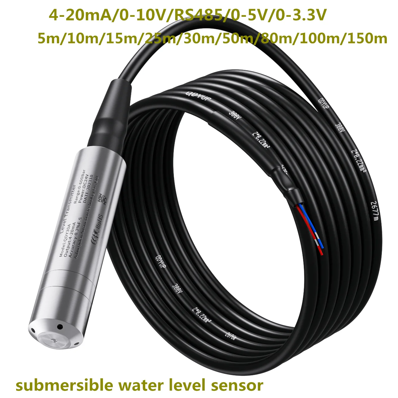 hydrostatic level sensor 5m/10m/15m/20m/50m/100m/150m 304SS Probe 4-20mA 0-10V RS485