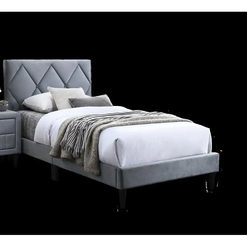 إطار سرير مزدوج الحجم مع لوح رأسي قابل للتعديل، أثاث منجد باللون الرمادي المخملي لغرفة نوم الشباب