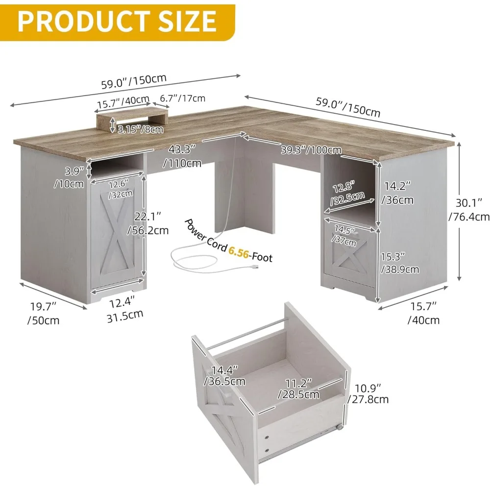 Scrivania a forma di L con cassetto portadocumenti, scrivania angolare per computer da 60" con prese di corrente, scrivania per ufficio domestico