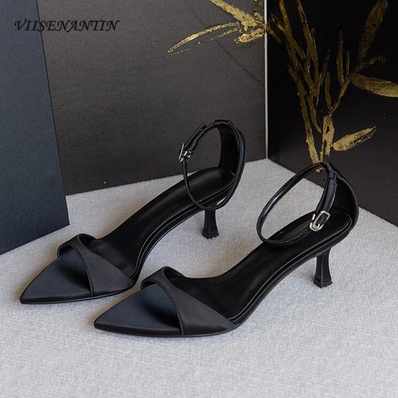 Sexy One Word Band Black Pointed Toe Thin High Heels Sandals Women 2024 Summer Silk Satin Ankle Strappy Elegant Lady Party Shoes