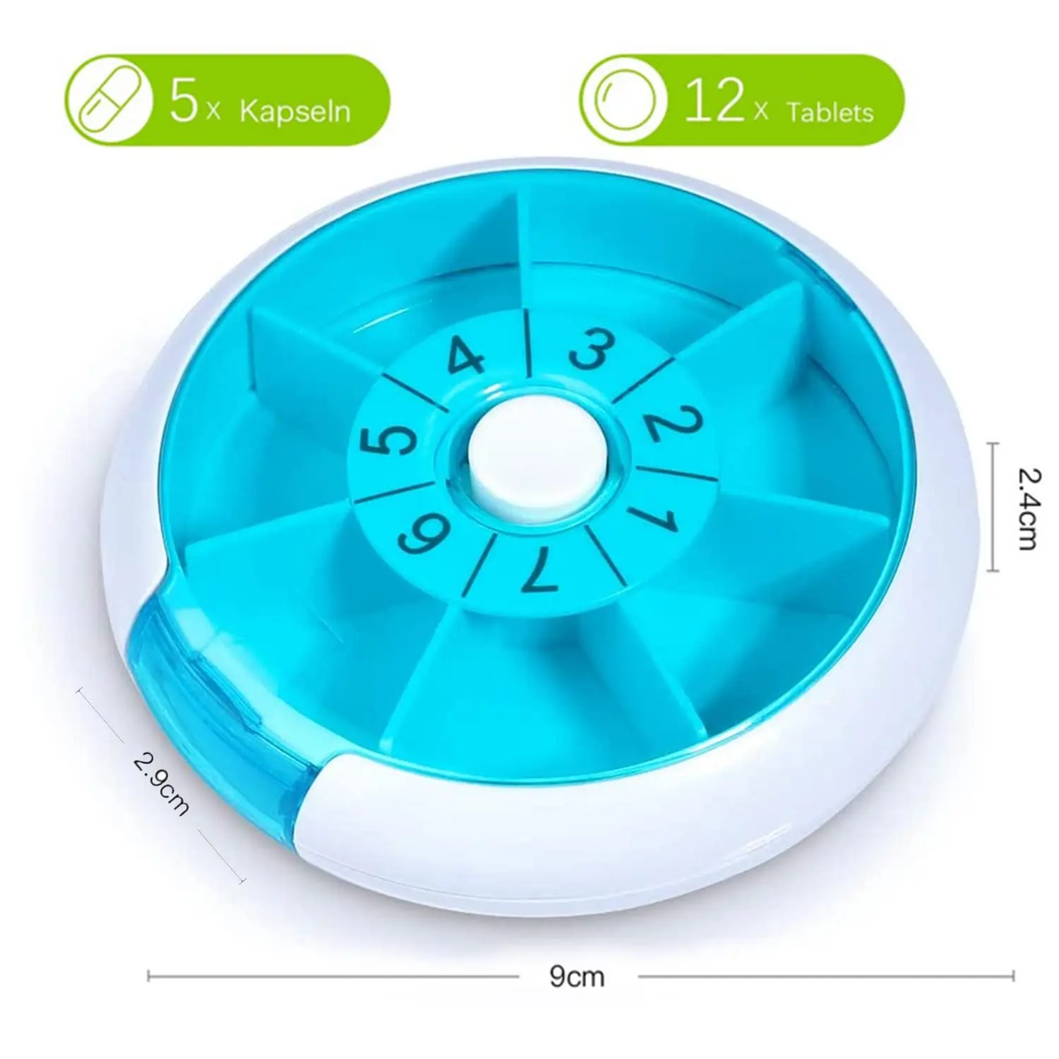 7 Day Round Pill Box with Rotary Design Daily Compartment for Vitamins & Medication Compact Pill Case for Purse Portable Travel