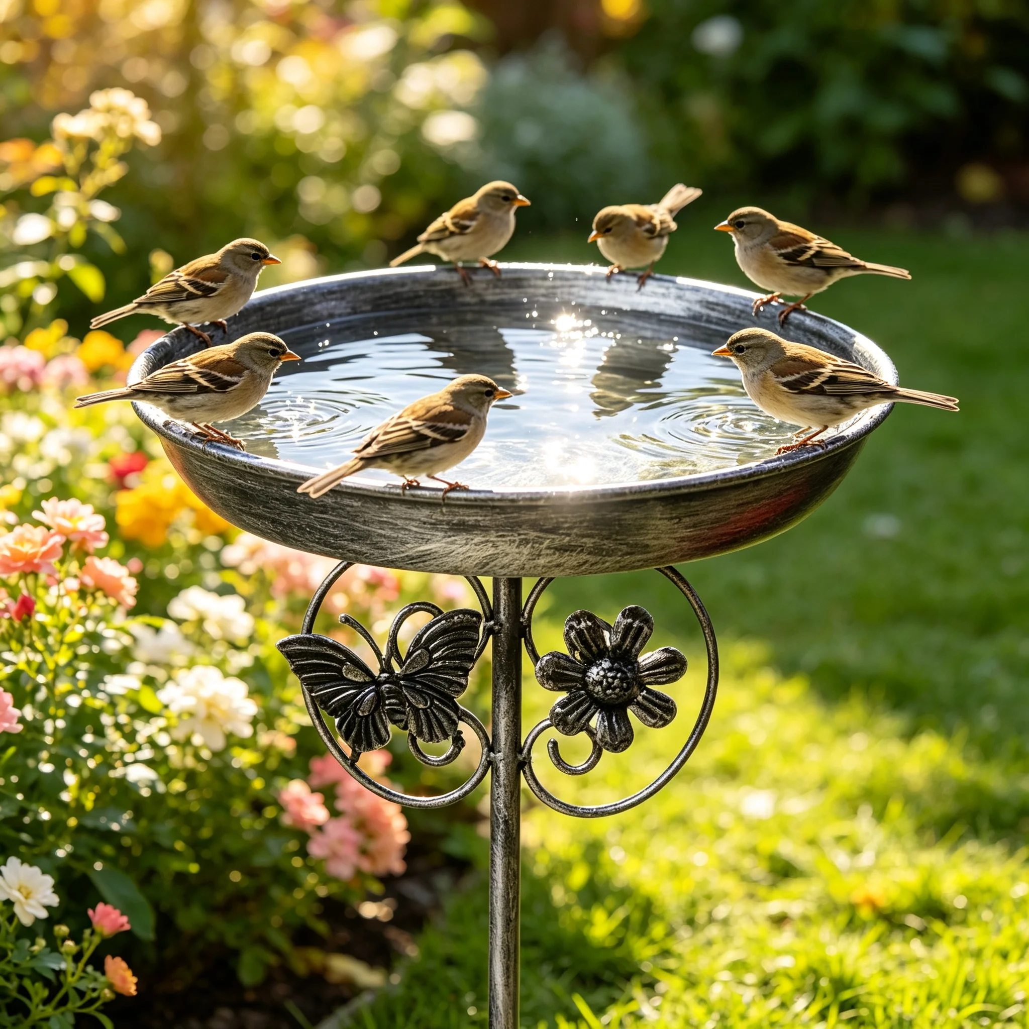 Vintage Copper Iron Bird Bath Feeder 2 in 1, Rustproof Garden Decor with Anti-Slip Stake