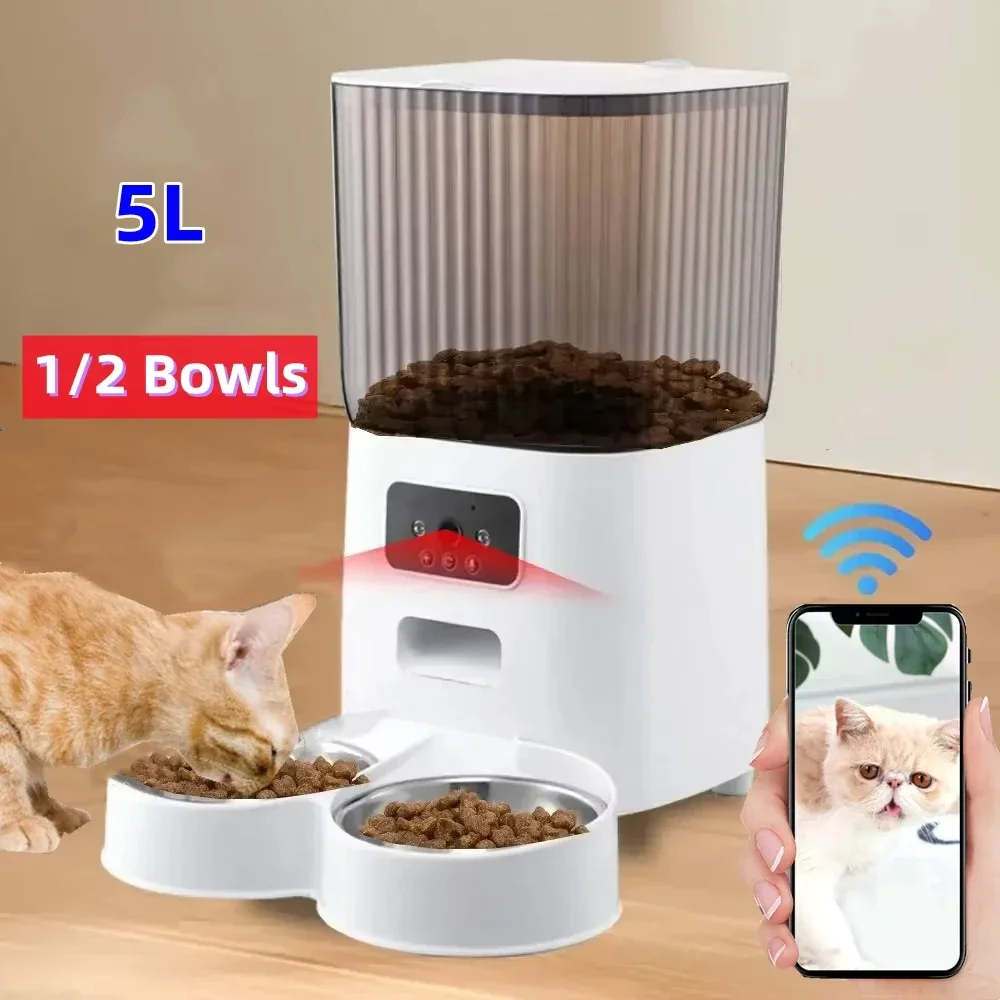 Comedero automático para mascotas, dispensador inteligente de comida para gatos, aplicación de Control remoto, red temporizada cuantitativa, doble tazón