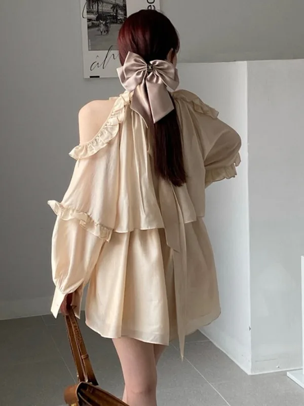 Vestido curto e com ombro à mostra, dongda gate ins, exclusivo, borboleta, nó, borda, vestido de férias, f, cor...