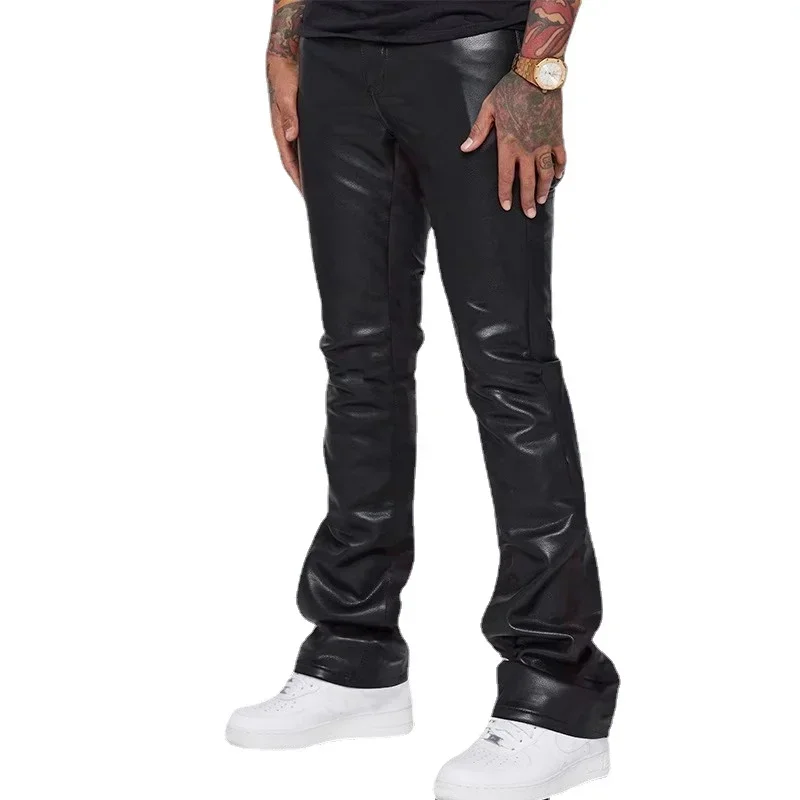 2024 Fall Winter Motorcycle Micro Elastic Black Men\'s Leather Pants , Red Plus Size Medium Waist Loose Casual Hip-hop PU Pants