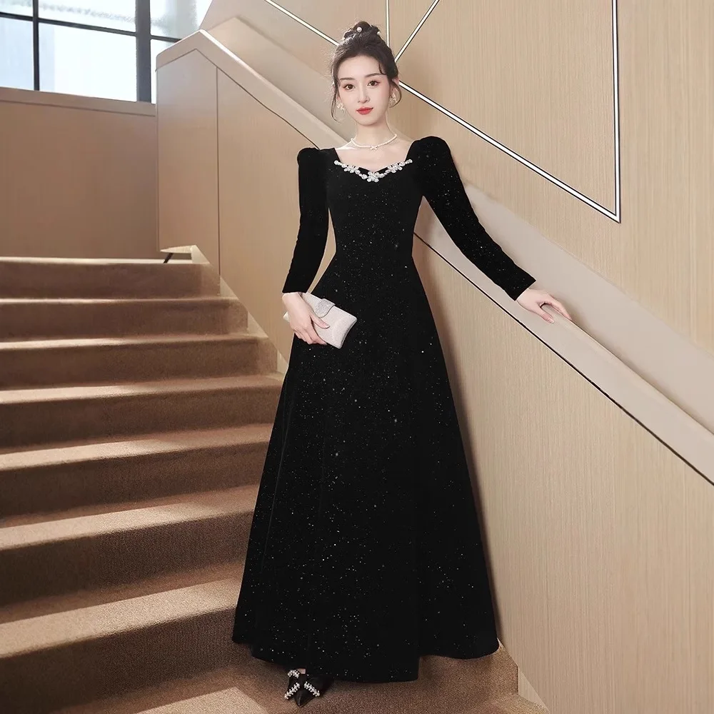 Vestido de noite preto feminino banquete temperamento luz luxo minoria high-end estilo francês exame de arte adulto cerimônia sentido 2025