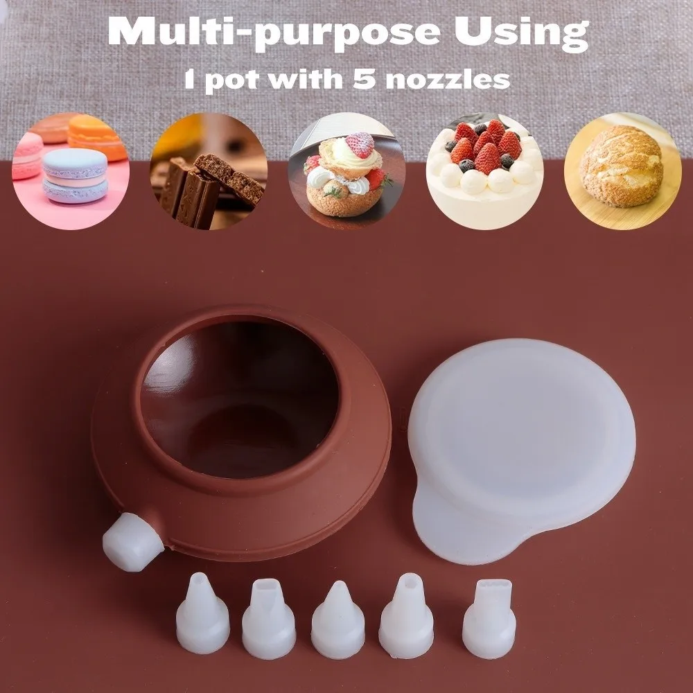 Silicone Macaron Piping Pot Non-stick with 5 Nozzle Tips Macaron Piping Device Reusable Food Grade Cream Butter Dispenser