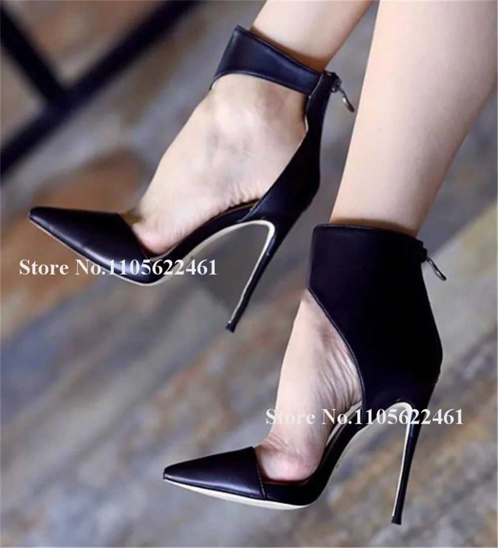 Elegant Black White Matte Leather Stiletto Heel Pumps Pointed Toe Cut-out Back Zipper-up Thin Heel Party Heels Big Size