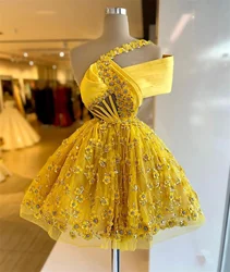 Mini Cocktail Dress Beaded Yellow Flowers Prom Elegant Gown Satin Tulle One Shoulder Sleeve Openwork Sexy Back To School Dress