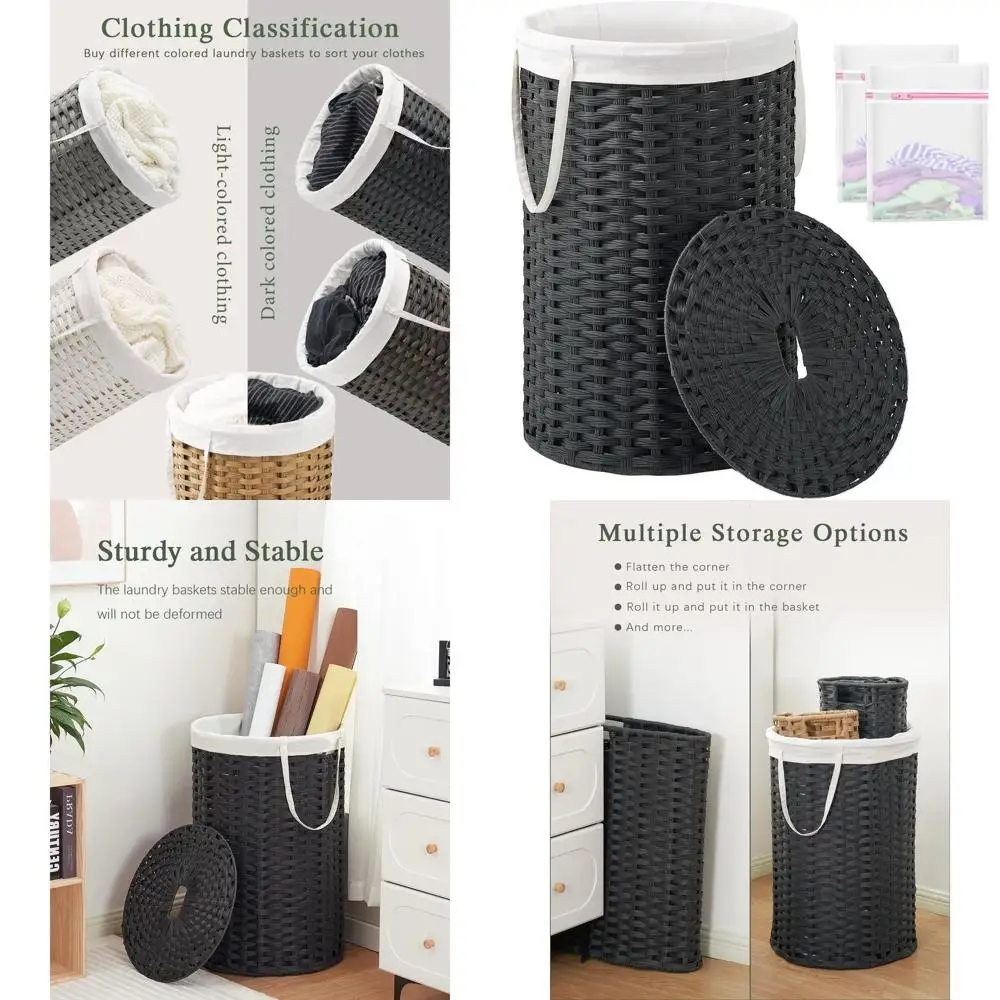 

Handwoven Rattan Laundry Hamper with 2 Mesh Bags, 130L Capacity, Black for Home Use