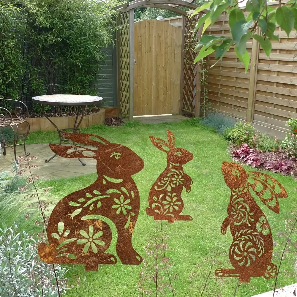 Unique Rustic Metal Rabbit Stakes - Distinctive with Rusty Charm. Unusual Outdoor Decor. Ideal for Backyard.