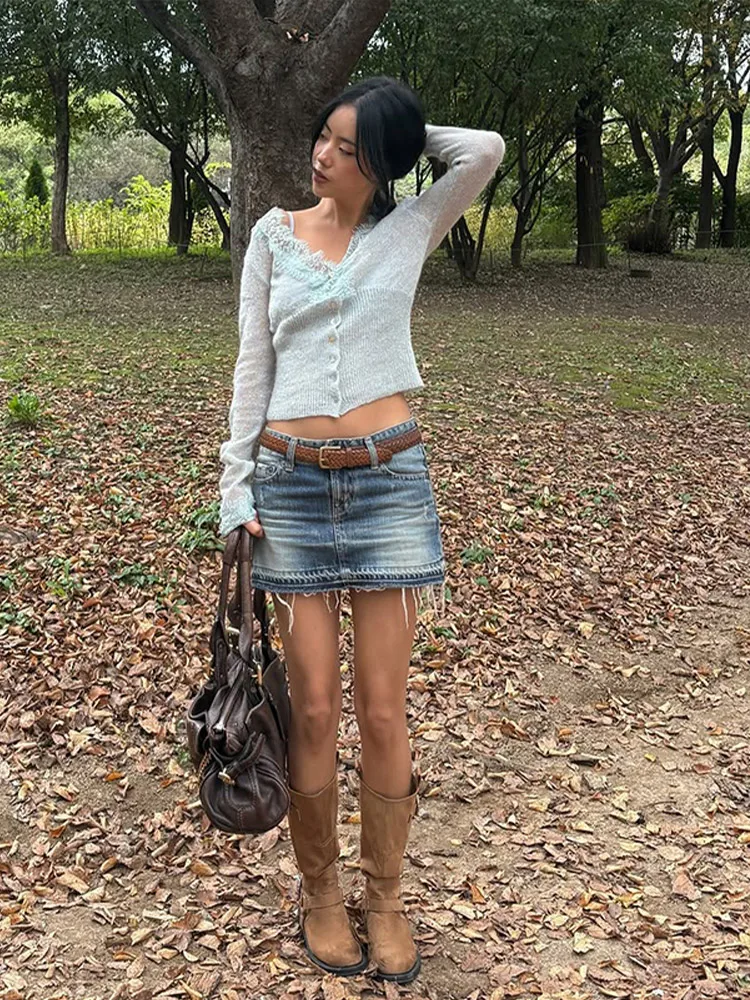 أنيقة الدانتيل المرقعة سترة محبوكة المرأة شيك الخامس الرقبة واحدة الصدر ضئيلة سترة قصيرة سيدة اليومية تخفيف الشارع بالأزرار