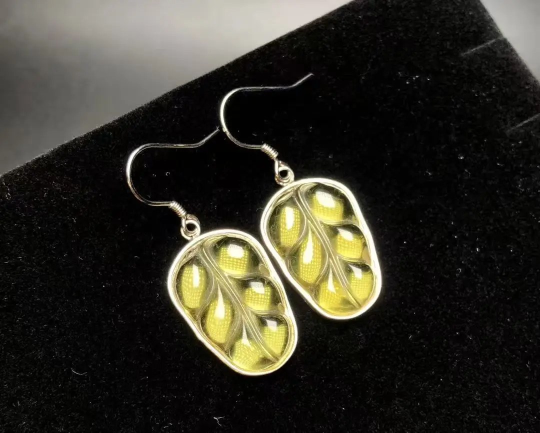 

Pure Silver with Natural Amber Leaf Shaped Earrings Size 222x155x46mm Elegant Drops for Women Gift