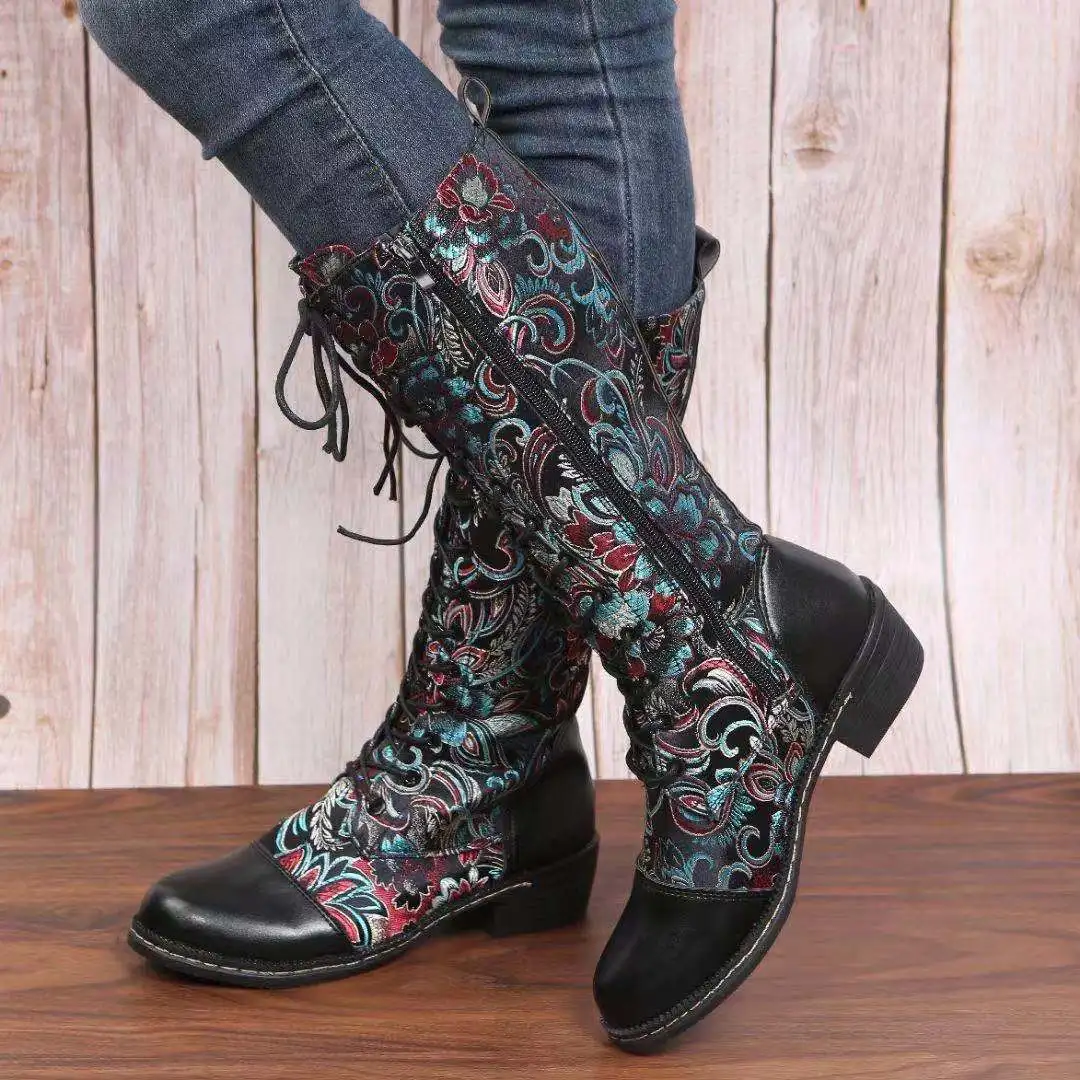 New Leac Up Embroidery Flowers Knee High Boots Women Ethnic Retro Chunky Heel Large Size Knight Boots 2022 Autumn Botas De Mujer