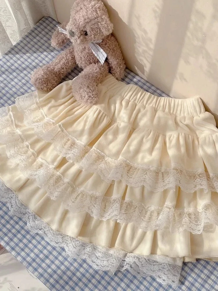 Koronkowe spódnice z ciastami damskie Patchwork Sweet Temper Midi zaprojektowane moda luźna casualowe w stylu Streetwear Faldas japoński Harajuku Kawaii Ins