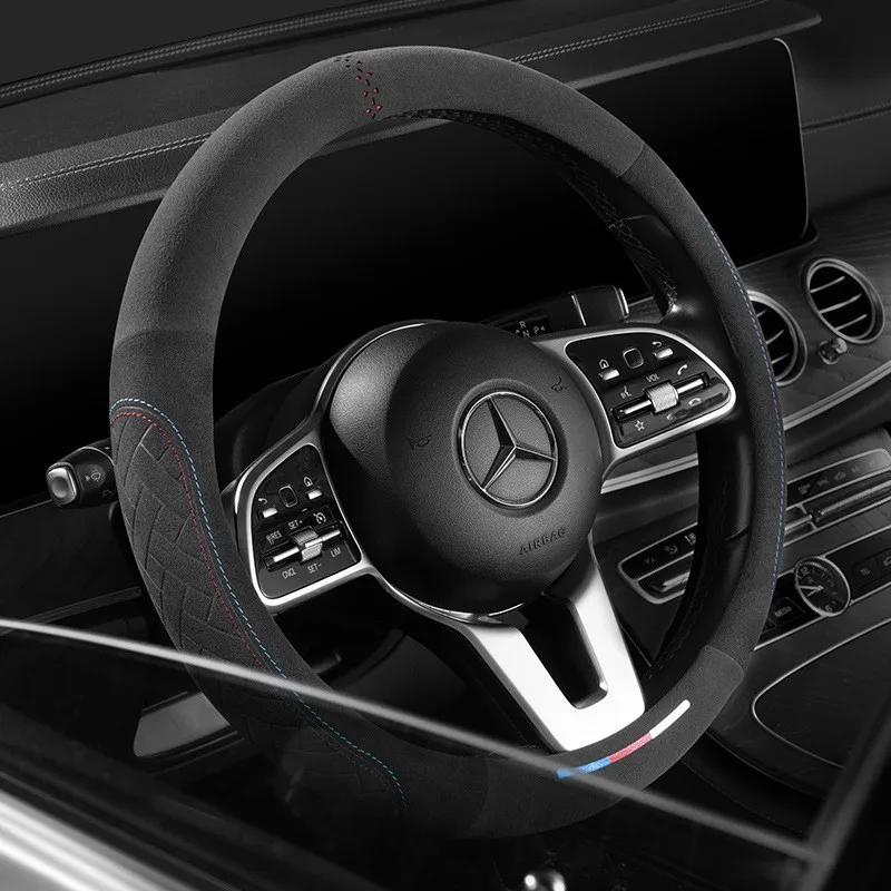 Car steering wheel cover embossed anti slip plush suede, sweat absorbing ultra-thin all season universal handle cover