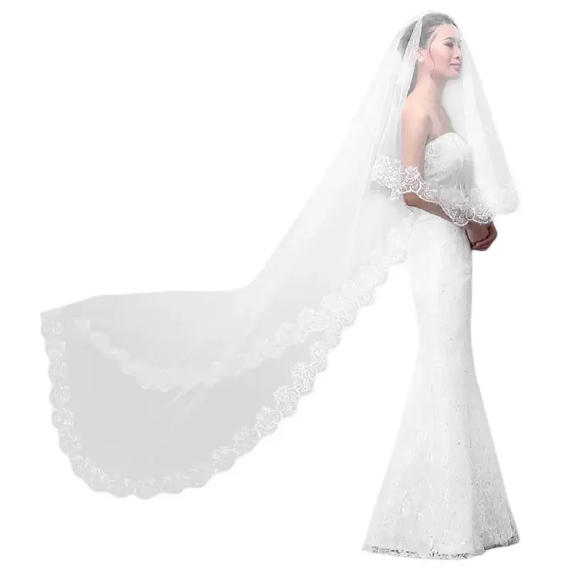 New Women Pure White Wedding Veil Long Embroidered Floral Lace Scalloped Edge Bridal Cathedral 1 Layer Party Accessories 2024