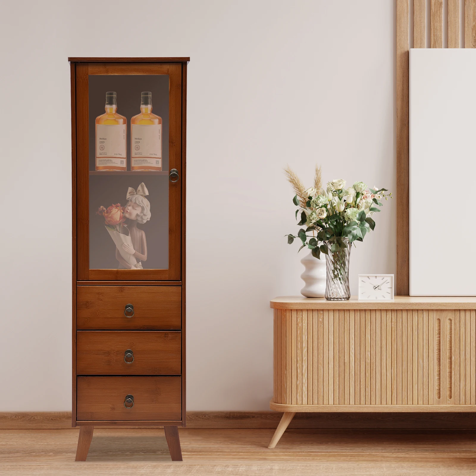 CNCEST Wood 5 Tier Bamboo Sideboard, Kitchen Storage Cabinet with Acrylic Doors a Drawer for Dining Room Hallway