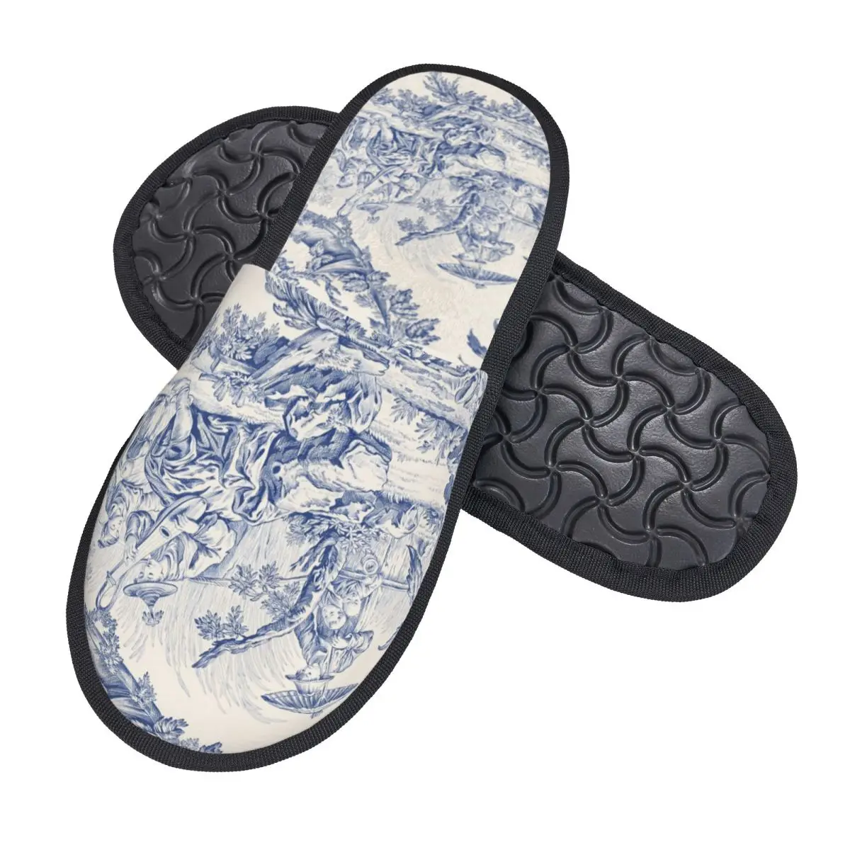 Custom Women French Toile De Jouy Navy Blue Motif Pattern House Slippers Cozy Warm Memory Foam Fluffy Slipper Indoor Shoes