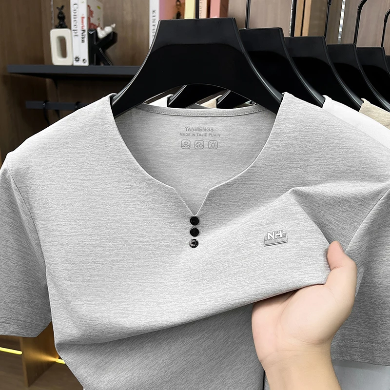 Short Sleeved T-shirt Men's V-neck Solid Color Middle-aged and Young Half Sleeved Breathable Men's Top Base Shirt Thin