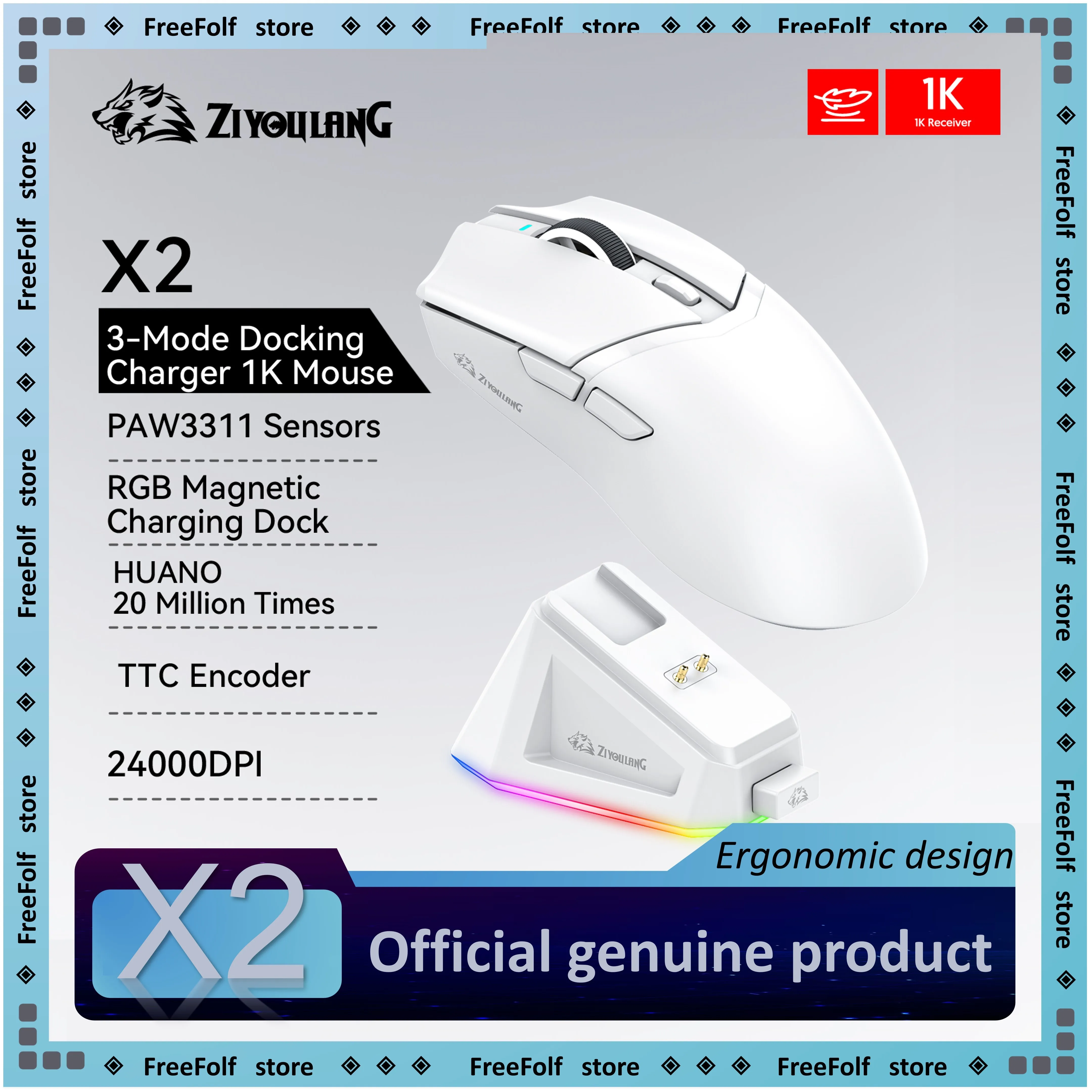 

FreeWlof X2 Wireless Ultra-light Gaming Mouse 24000DPI,PAW3311, BT/2.4G/Wired Tri-mode, Magnetic Charging Dock
