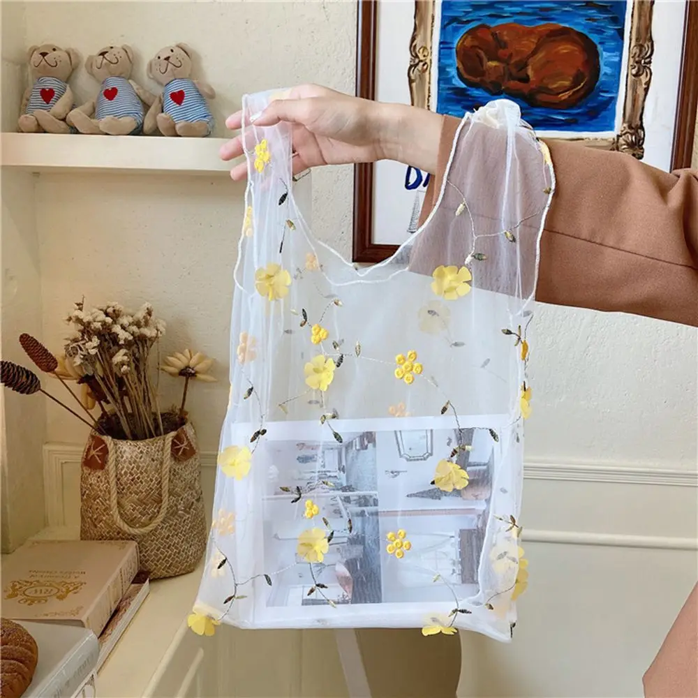 Sac à main brodé à fleurs pour femmes et filles, fourre-tout transparent en maille