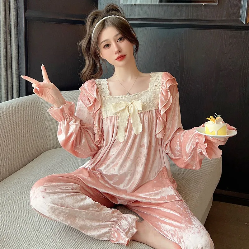 Spring Autumn Pajamas Women's High-end Gold Velvet Long Sleeves Pijamas Set Palace Diamond Velvet French Sweet Ladies Loungewear