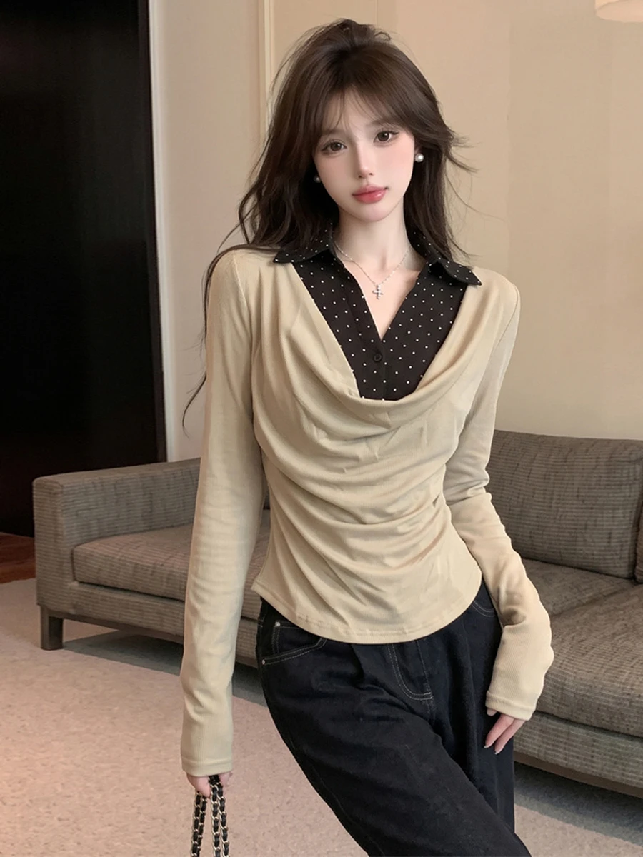 Slimming Effect Casual Long Sleeve T-Shirt Women's High Waist Folded Hem Vintage Style City Walk Daily Wear Polyester Fiber