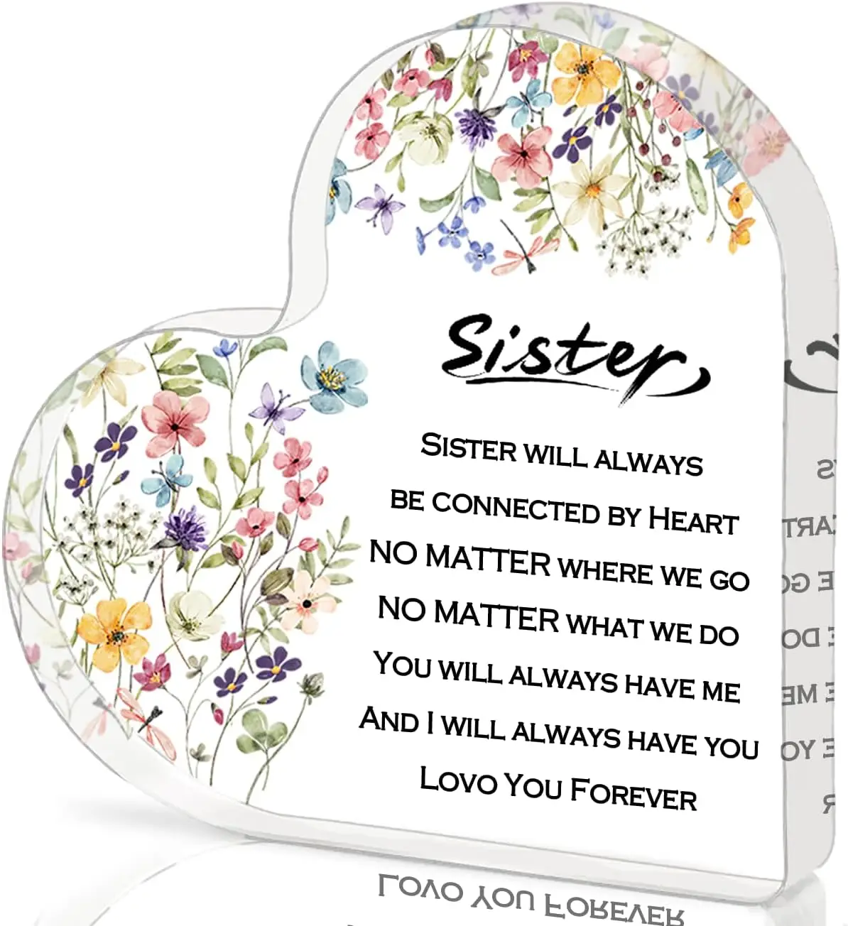 Heart‑Shaped Acrylic Plaque Sister Aunt Grandma Bond Colorful Wildflowers Freestanding Sentimental Keepsake Gift