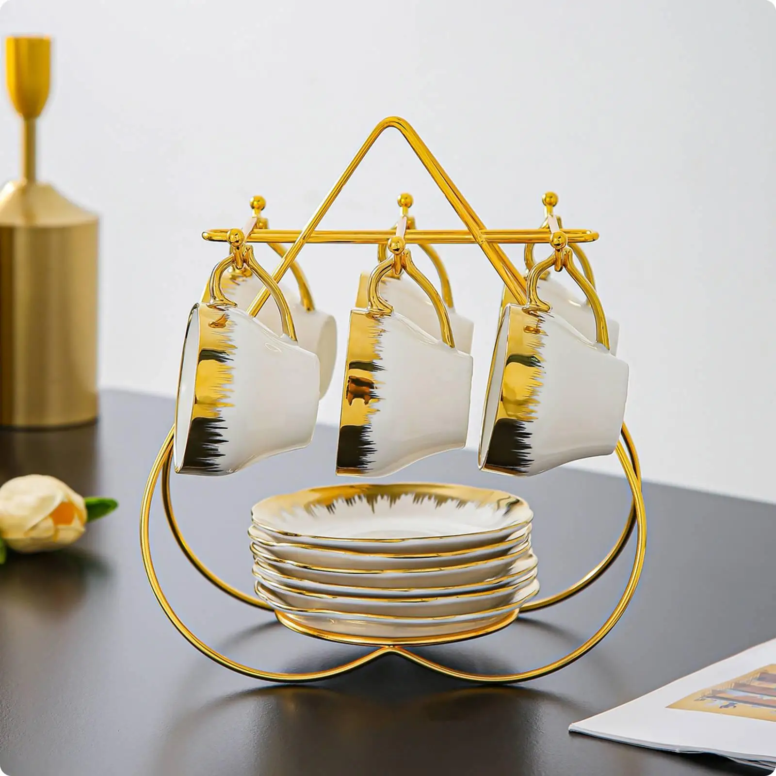 6 Sets Ceramic Coffee Mug Set Elegant Kitchenware Space-Saving Rack for Home