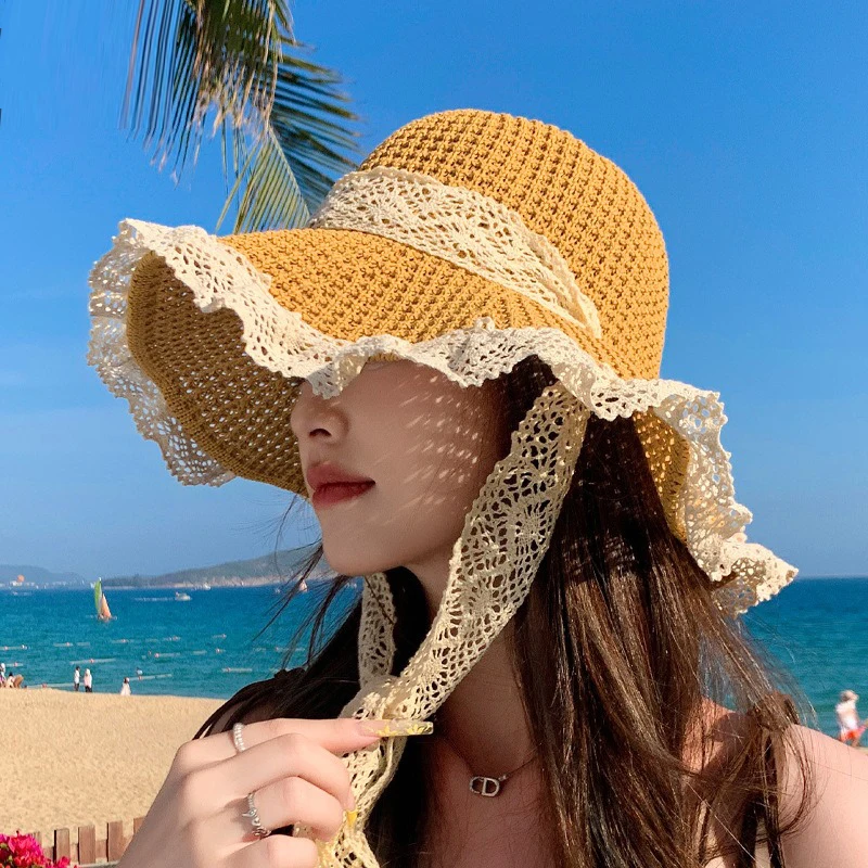 Topi Pelindung Musim Panas Wanita Topi Matahari Dapat Dilipat Topi Pantai Pinggiran Besar Lebar Topi Lolita Mode Topi Pelindung UV Pantai Chapeau Femme