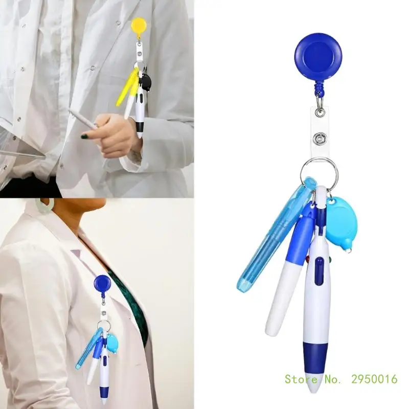 5-in-1 Badges Reels Holder with Marker, Multicolor Ballpoint Pen and Light, Acrylic Badges Holder Clip